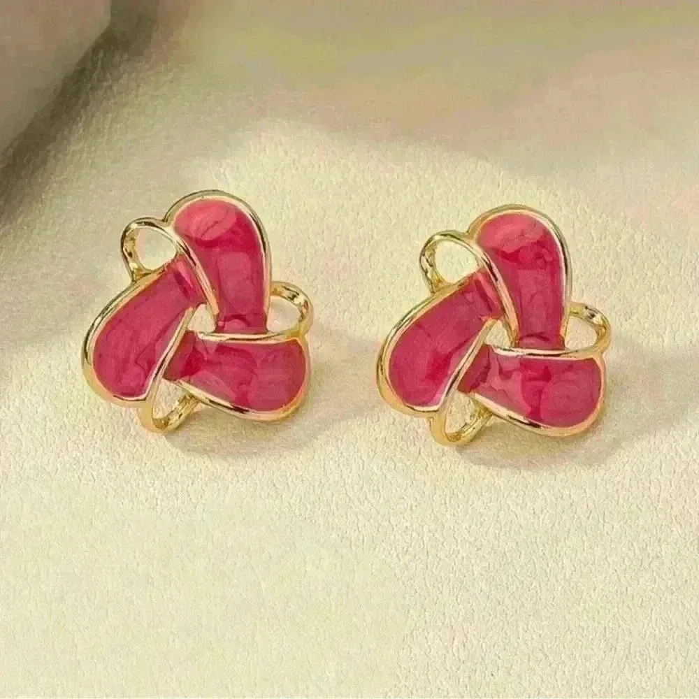 Cute Enamel Flower Earrings Stud Earrings in Magenta Rose w/ free gift
